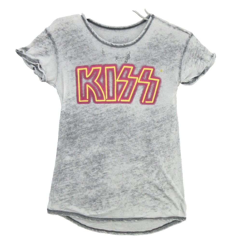 Kiss Womens Blouse Small Medium Pullover Crew Neck Faded Gray Short Sleeve Rock
